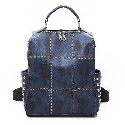 Ретро кожаный женский рюкзак на молнии, школьные рюкзаки для девочек-подростков, сумка большой емкости, многофункциональная сумка Mochila Feminina - Цвет: Blue