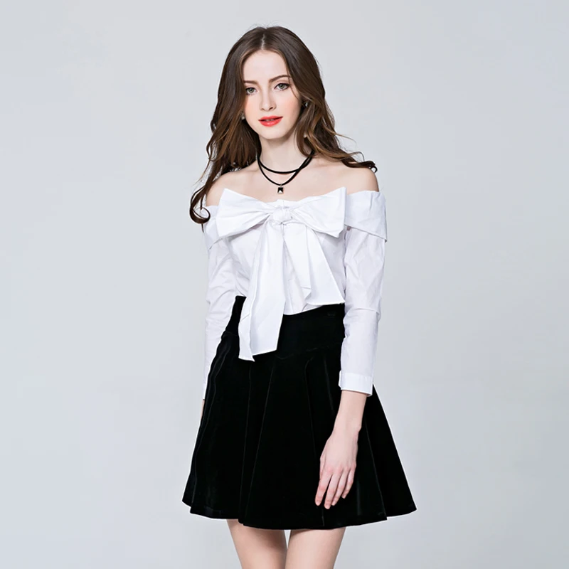  HIGH QUALITY New Fashion 2018 Designer Blouse Top Women's Slash Neck Off the Shoulder Lacing Bow Bl