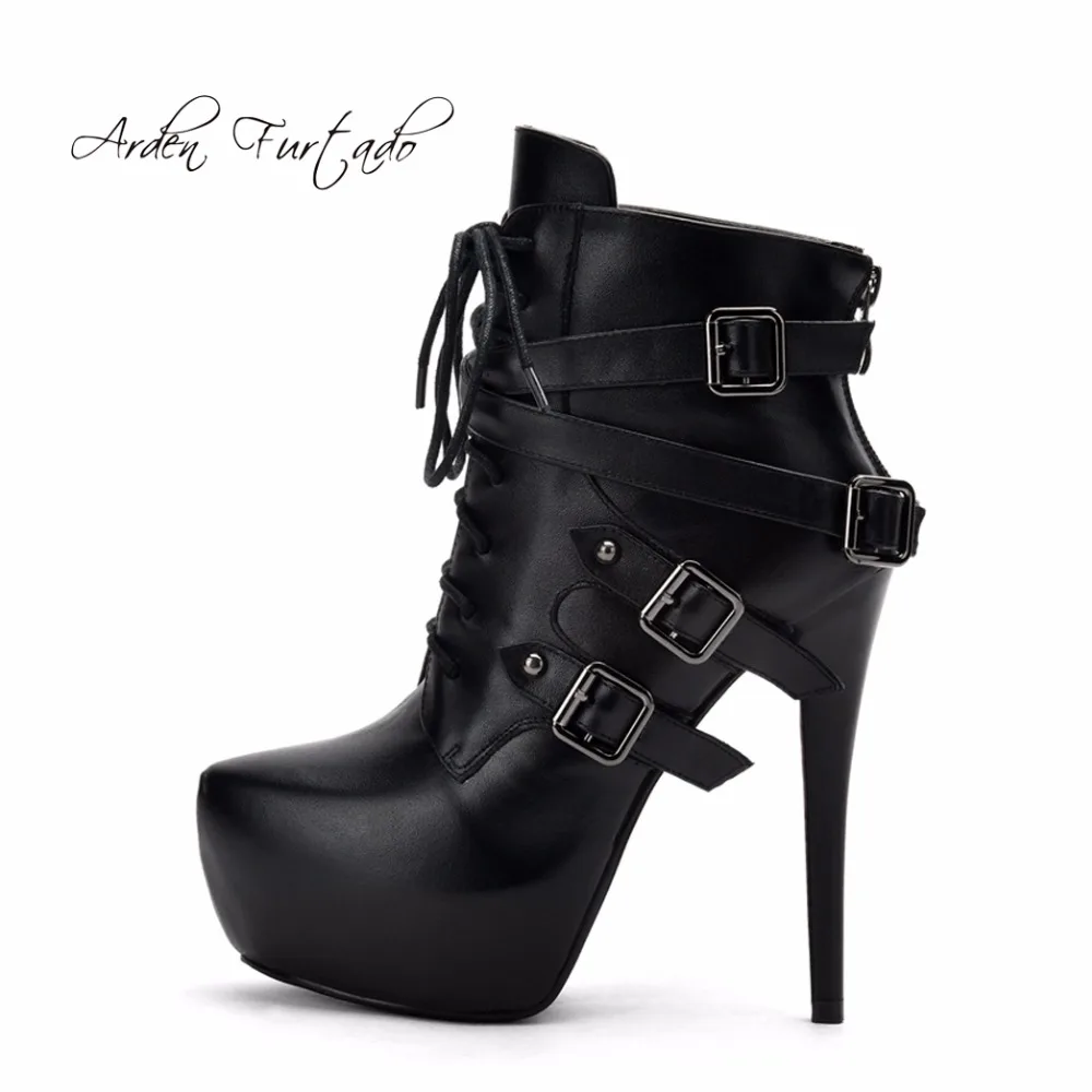 

2017 winter genuine leather buckle ankle strap platform plush fashion short boots lace up shoes for woman high heels stilettos