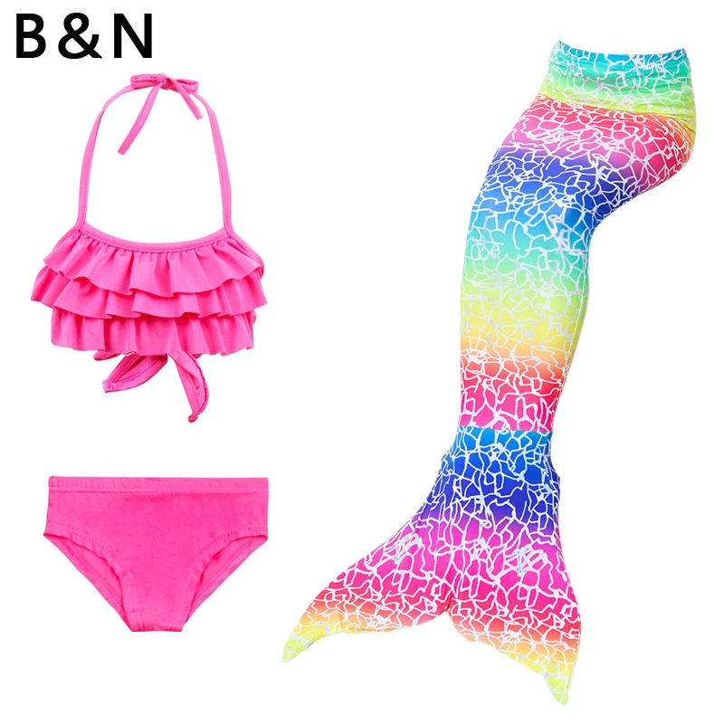 

3PCS Mermaid Swimsuit Girl Tops Vest Swimming Pants Tail Fins Novel 3D Print Scale (110-150cm) Cosplay Animal Fairy Dress
