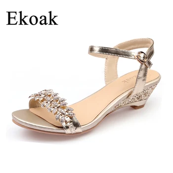 

Ekoak New Summer Fashion Women Sandals Sexy Crystal Bling Medium Heels Shoes Woman Wedges Sandals Party Dress Shoes