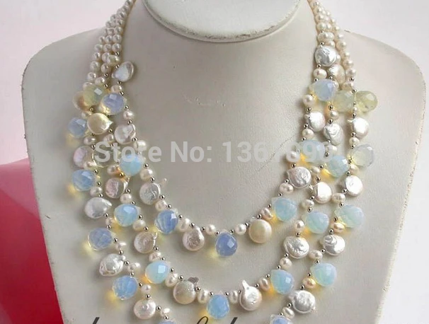 

00674 3row round/coin white fw pearl opal drip necklace