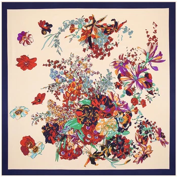 

100% Twill Silk Square Scarf Women Luxury Vintage Flower Printed Big Square Head Fashion Large Shawl Soft Hijab 100cm*100cm