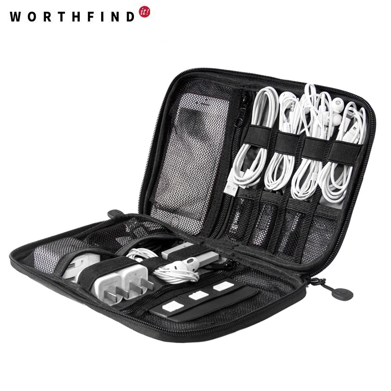 WORTHFIND New Electronic Accessories Travel Bag Nylon Mens For Date Line SD Card USB Cable ...