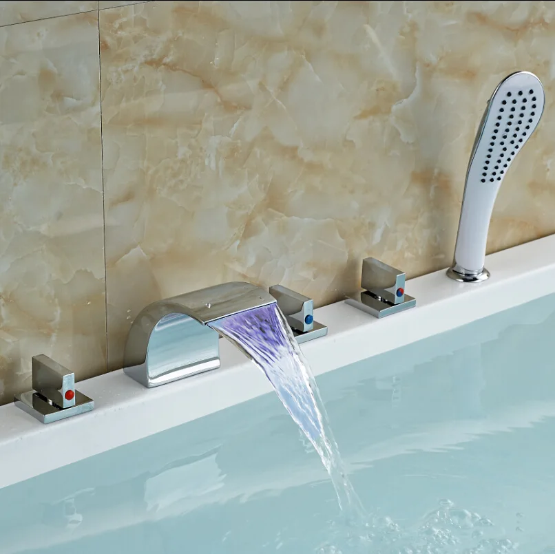 

Deck Mounted Polished Chrome Plastic Hand Shower Bathroom Water Taps LED Light