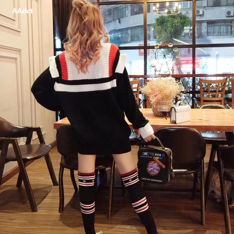 AAdct 2018 Autumn new women's fashion temperament color matching thick long sweater + stockings set female jumper Sweaters Sweaters