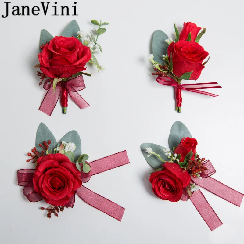 JaneVini в виде красных роз в виде жениха и невесты, бутоньерка мужской костюм с цветочным узором, платье подружки невесты, нарядные наручные часы с цветами, на свадьбу, корсажи костюм Casamento