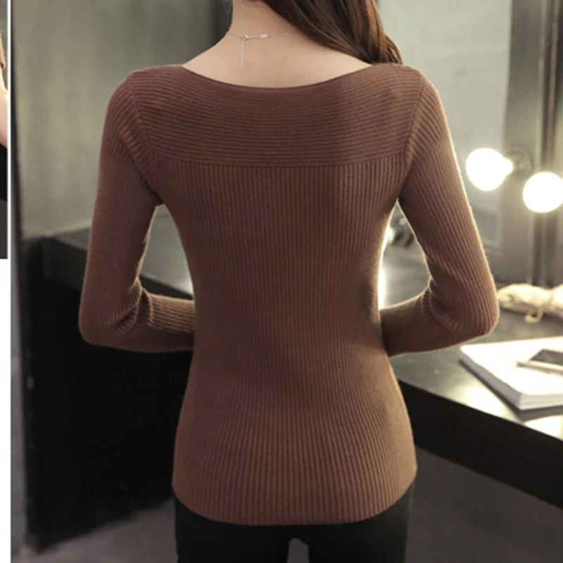 Sweater Women Slash Neck Pullovers Female Knit Bottoming Slim Stretch Korean Version Solid Color  2018 Autumn Winter New Tops