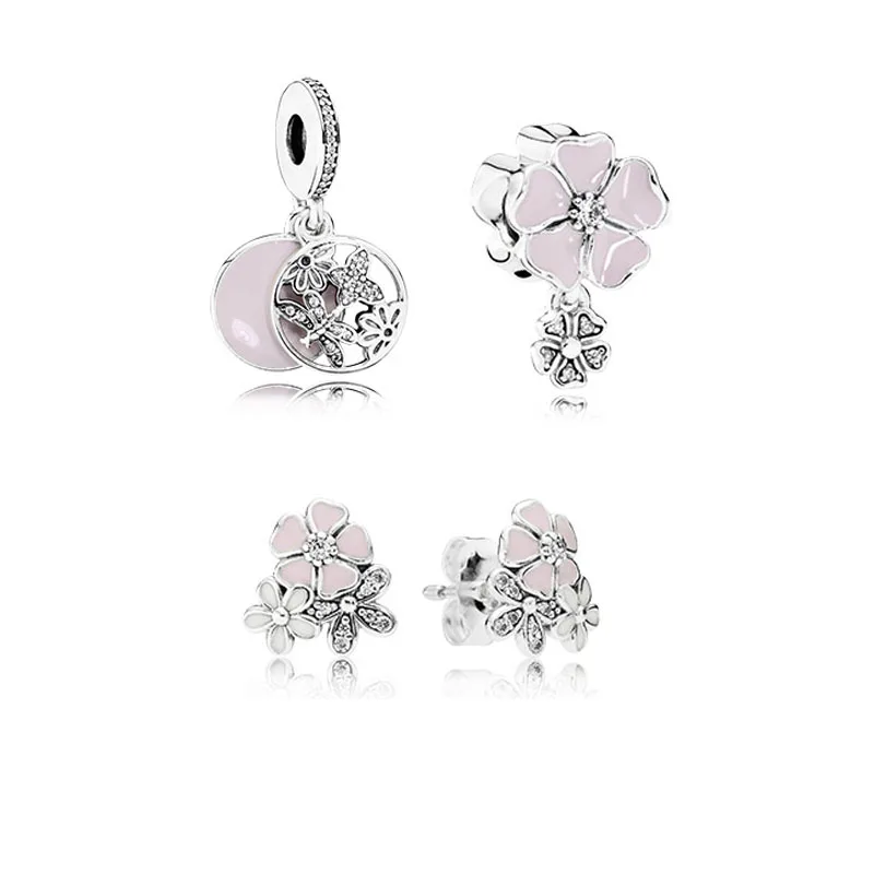 

925 Sterling Silver Sets Beautiful Flowers Beads plus Ear Studs Fits European Style Charm Bracelets & Necklace DIY Jewelry