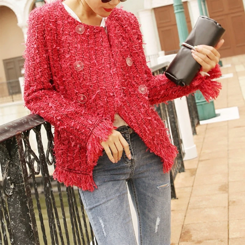 price cut  New women's spring red fringed tweed - breasted jacket female coat