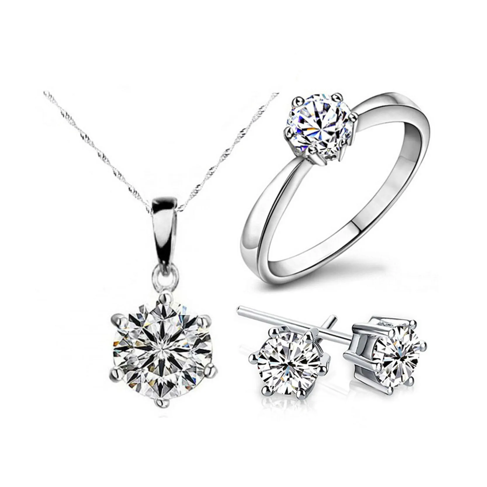 

Luxury Brand Jewelry Set Silver Plated with Cubic Zirconia Necklace Earring and Ring Set for Women Wedding Engagement Gift