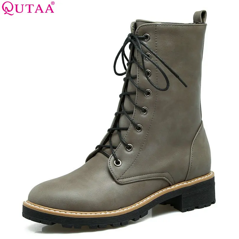 

QUTAA 2018 Women Ankle Boots Lace Up Westrn Style Round Toe Square Mid Heel Soild Yellow Women Fashion Ankle Boots Size 34-43