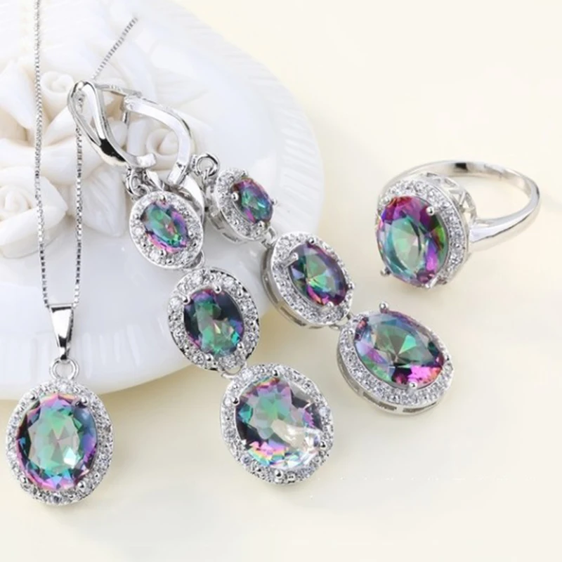 

Fashion Multicolor Angel Crystals Necklaces Drop Earrings Punk Glossy Female Collars Multi Wedding Ring Jewelry Sets for Women