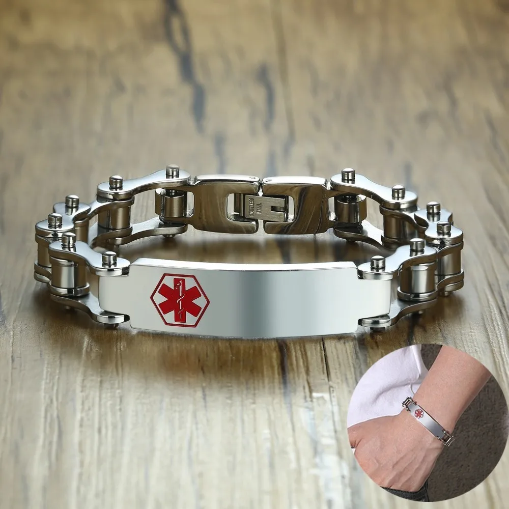 Silver Tone Bicycle Bike Chain Link ID Tag Medical Bracelet for Men