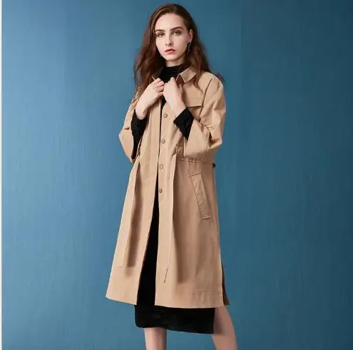 Automne khaki Nouveau Green Long Down Slim Solide Lady Office Neuf Manches Fit Col Casual 2018 Femmes Trimestre Manteau Turn Style Trench Trenchfr1116 f1gwxfEqd