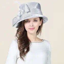 Для женщин белый Fecoras шляпа девушки Sinamay Кентукки шляпа котелок Лен свадебное платье Шапки элегантные дамы широкими полями вечерние Кепки