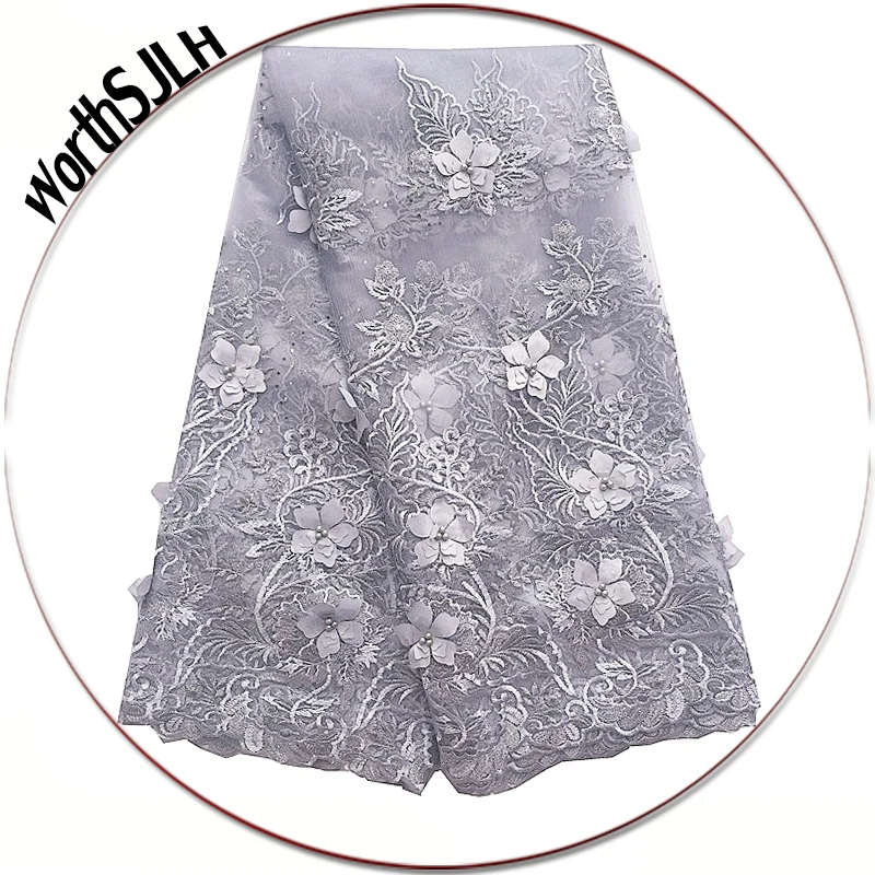 

Grey Nigerian Tulle Lace Fabric Purple Teal Green Swiss Beads 3D African French Lace Fabric High Quality 2018 For Wedding Dress