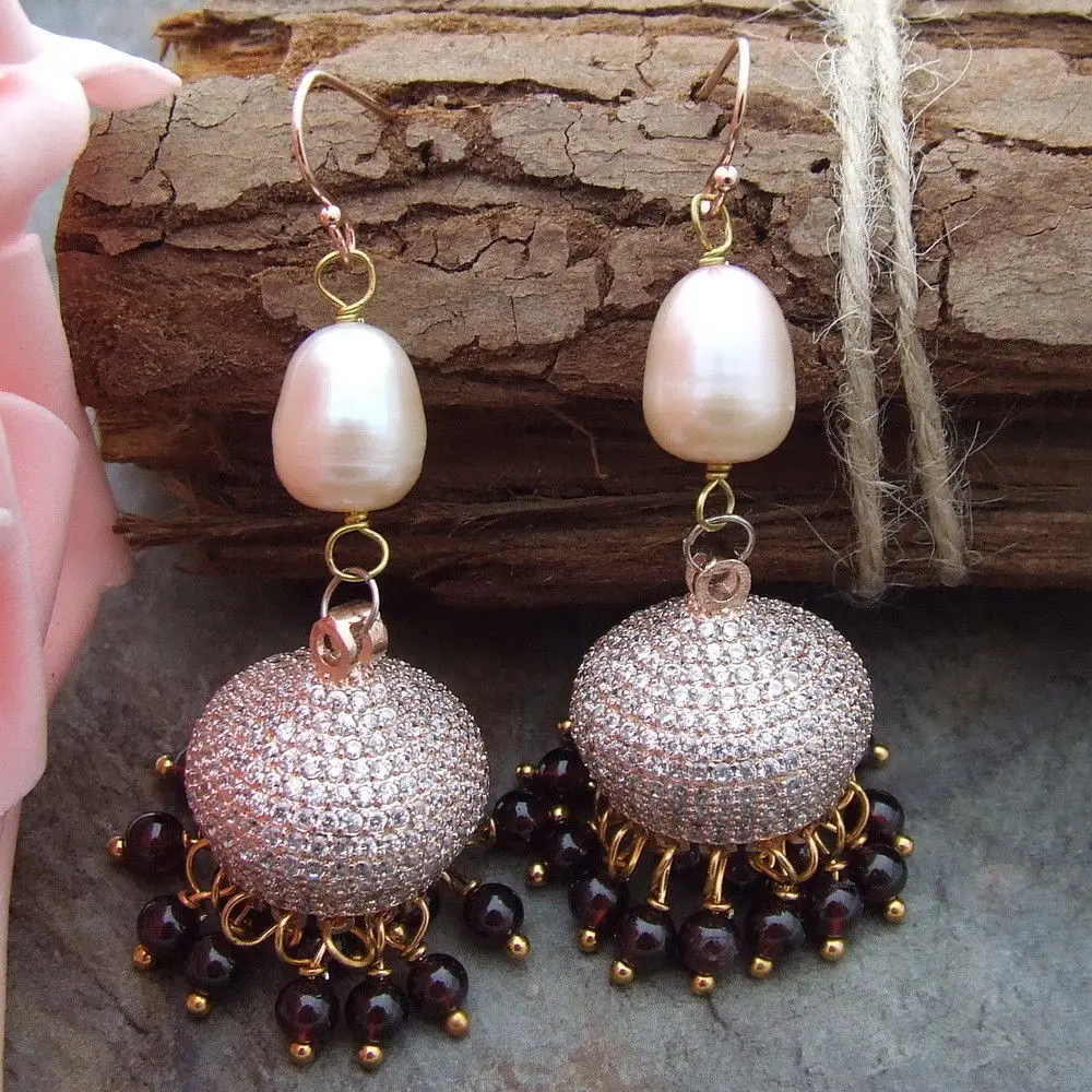 

AB091112 2.1" Pearl Garnet Earrings CZ Fitting