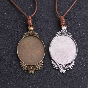 

1pcs Zinc Alloy Two Color 30*40mm Oval Rose Cabochon Settings Blank Cameo Pendant Base Tray With Leather Cord For Jewelry Making