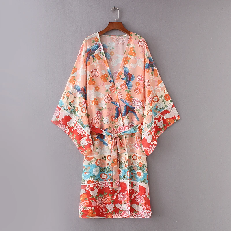 

Fashion Beach women vintage flower print blouse bating sleeve Split chiffon long Kimono shirt Summer loose Female tops cardigans