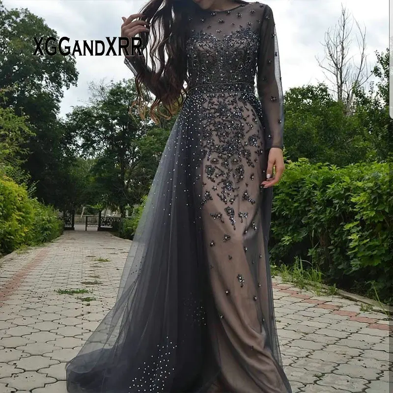 

Elegant Long Prom Dress 2019 Scoop Long Sleeves Evening Party Gown Beading vestidos largos de fiesta