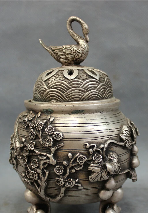 

JP S0114 8" Chinese Silver Folk Duck Gourd Tree Statue Buddhist Incense Burner Censer