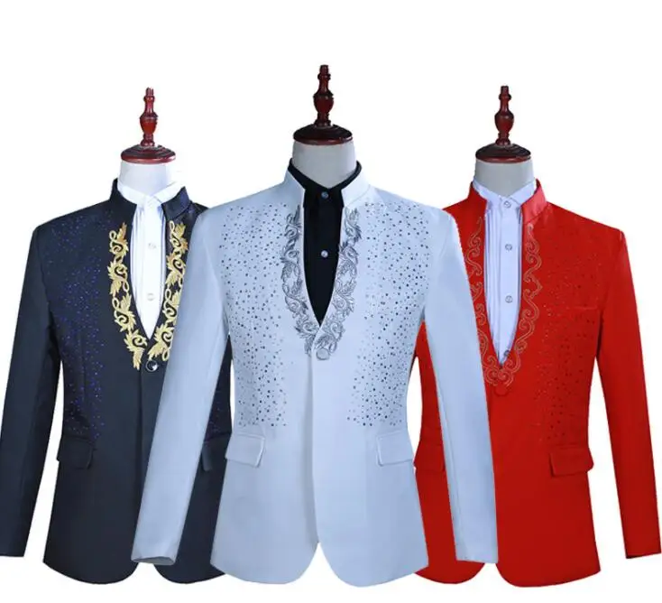 men suit set with pants mens wedding suits new arrival Hot flower hot drilling stand collar formal dress men's groom suit