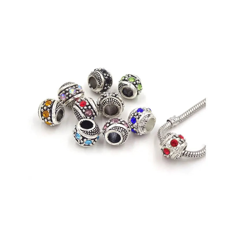 

40pcs Mix Color Alloy Charm Beads Big Hole Antique Silver Plated With Rhinestone fit European Bracelet DIY Jewelry MB-204