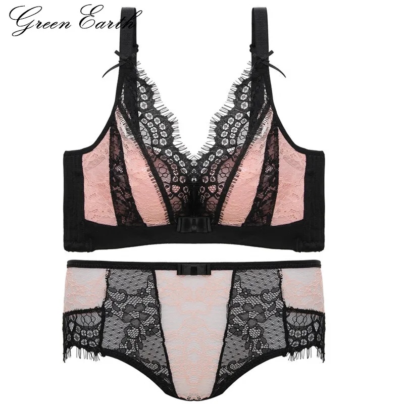 Greenearth Womens Ultra Push Up Deep V Bra Set Floral Lace Soft Comfort Underwear Set In Bra