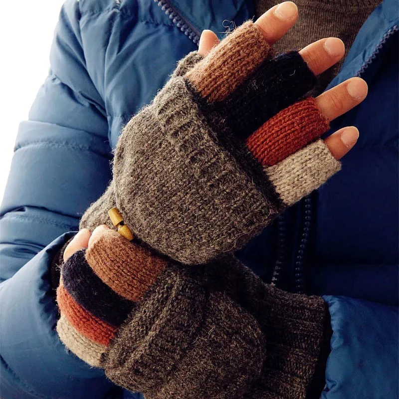Унисекс плюс толстый мужские перчатки без пальцев Для мужчин Шерсть теплые зимние открытые палец варежки вязаные теплые флип половины