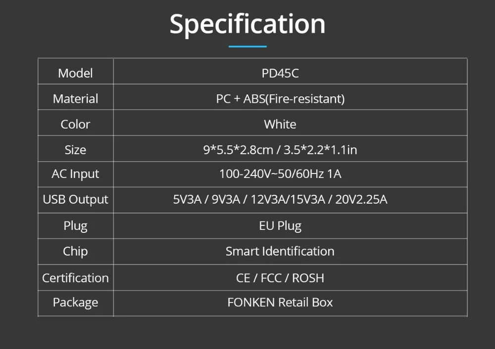 FONKEN type C 45 Вт PD USB зарядное устройство для ноутбука быстрая зарядка настенный адаптер 15 в 3 А type-C Fold US Plug портативное зарядное устройство для мобильного телефона