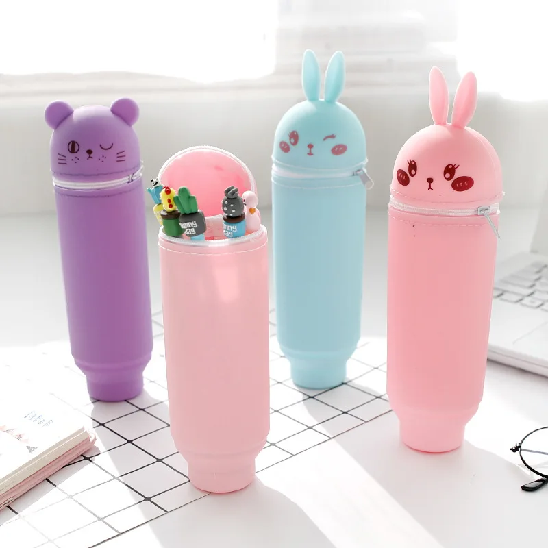 Cute Cartoon Pencil Bag Jelly Color Silicon Pensil Case Kawaii Stationery Pen Holder Stand Up Penzil Box INS Xmas Gift Organizer kawaii cartoon multi function desk pen holder pencil makeup brush storage desktop organizer stand case school office stationery