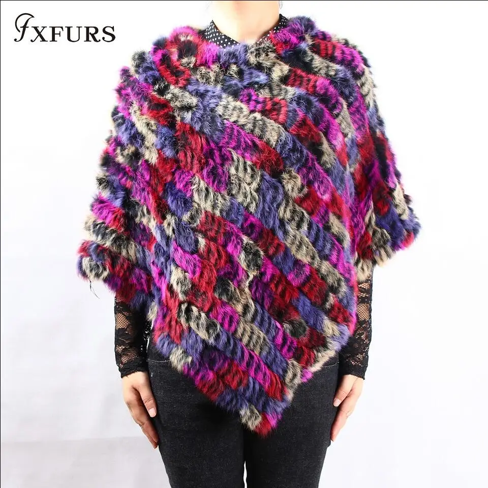 FXFURS/Лидер продаж, зимние женские меховое пончо с кроличьим мехом, пуловер с треугольным кроличьим мехом, шаль, модный жилет, цветной, в виде кролика, жилетки - Цвет: white purple