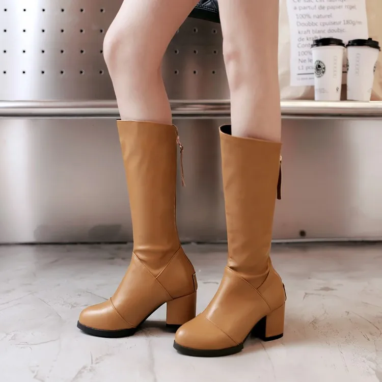 

Big Size 11 12 13 14 Euro-American women's boots with round head and middle heel and zipper behind boots
