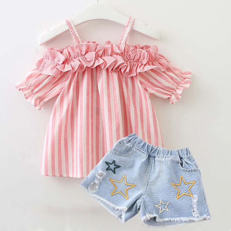 

Newborn baby girls striped clothing set infant girls strap tops+denim shorts 2pcs suit toddler high quality sar print outfits