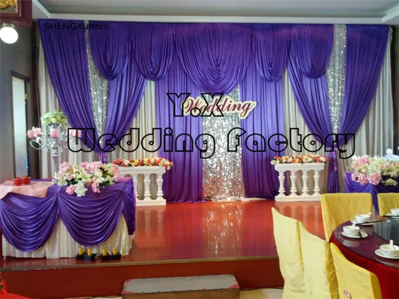 

free shippinh White And Purple Color Ice Silk Backdrop Curtain Include Silver Fabric for Grand Event Birthday Party
