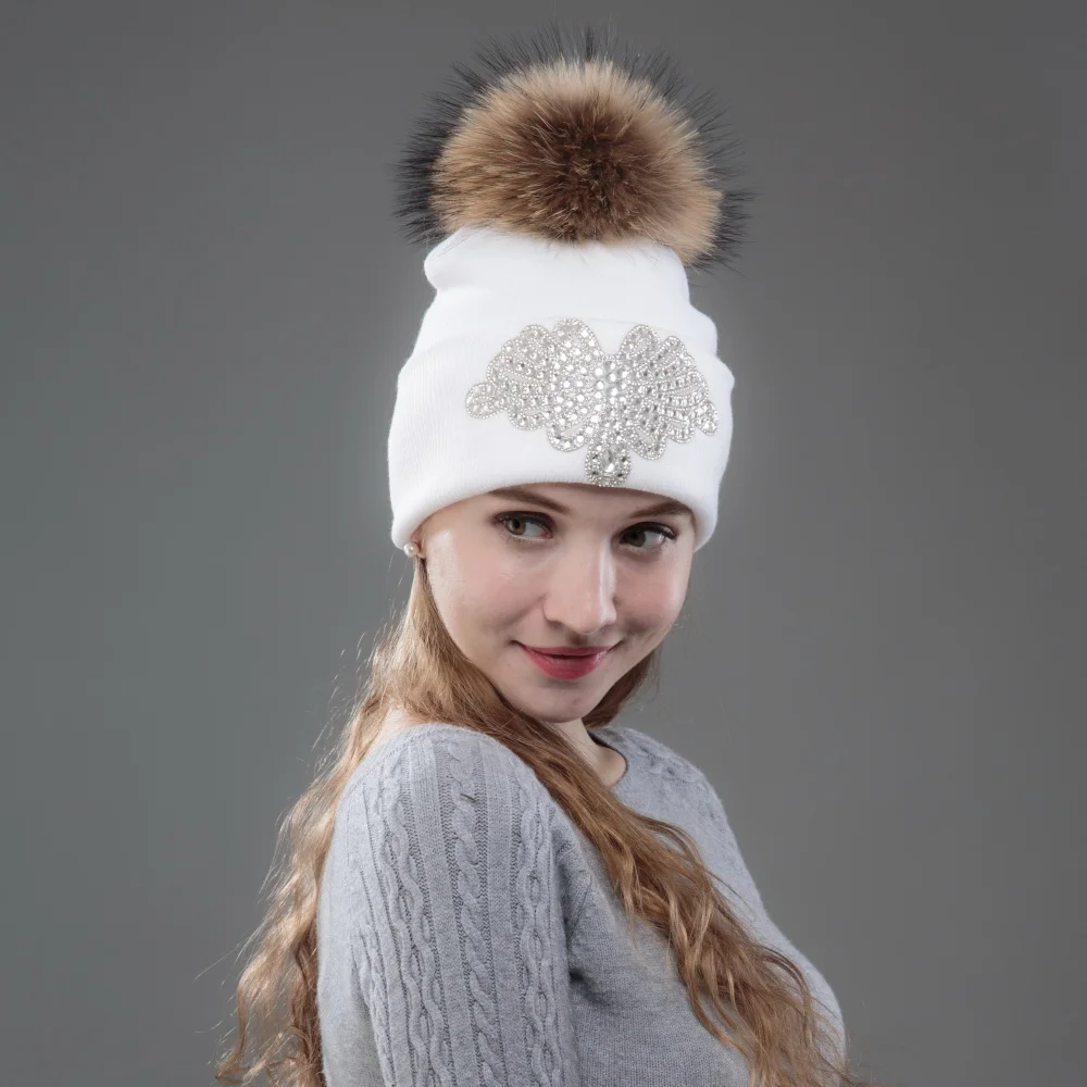 Женские модные зимние шапки с помпоном, большой норковый мех, шаровые помпоны, шапочки с блестящим кристаллом, Высококачественная зимняя шапка