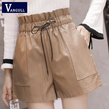 

2019 Spring New Korean Style Women's Clothing Female PU Leather Shorts Elastic Waist Belt High Waist Lace Loose Wide Leg Short