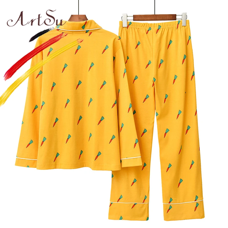 ArtSu, женский весенний хлопковый пижамный комплект, желтый милый рисунок морковки, на пуговицах, одежда для сна,, топы с длинными рукавами+ длинные штаны, зимняя Пижама