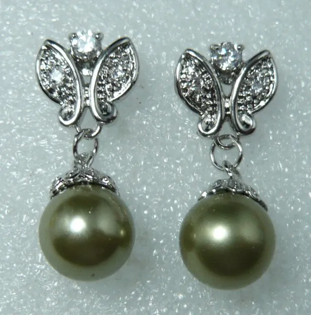 wan 2 styles wholesale 18kgp/silver plated 12mm dark green shell pearl butterfly earring #308 | Украшения и аксессуары