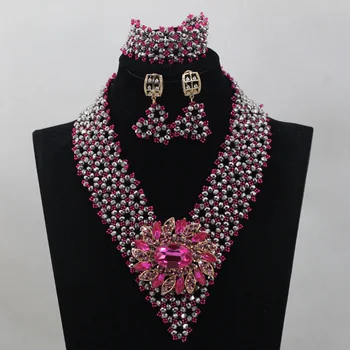 

Trendy Silver/ Hot Pink African Women Bridal Jewelry Set Silver Beaded Crystal Costume Fashion Necklace Set Free Shipping ABL673