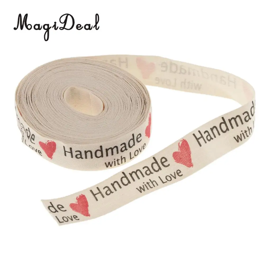 MagiDeal 5 Yards Hand Made with Love Heart Fabric Ribbon Gift Package Craft Decor