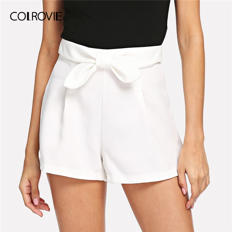 

COLROVIE White Solid Bow Waist Casual Shorts Women Clothing 2019 Summer Streetwear Zipper Fly Wide Leg Office Ladies Shorts