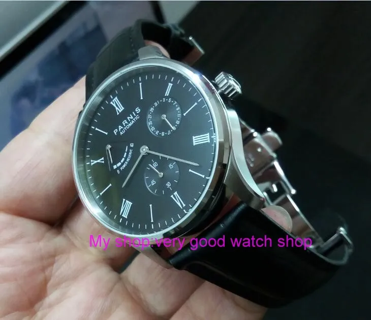 

PARNIS 40mm black dial Automatic Self-Wind movement power reserve men's watch Auto Date butterfly buckle Mechanical watch 353a