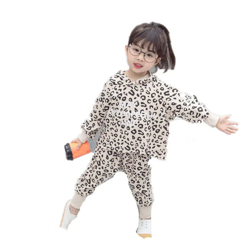 

2019 Girls Sport Print Clothes Set Kid Long Sleeve Top Hooded +Pants 2Pcs Suit For Spring Autumn Kid School Leopard Clothes Set