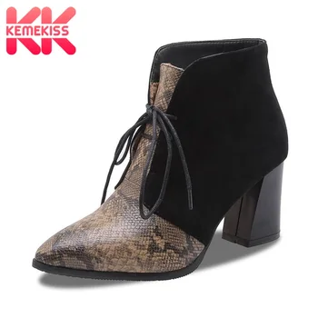 

KemeKiss Plus Size 32-48 Ankle Boots Women Brnad New Lace Up High Heel Boots Snake Print Mixed Color Casual Office Shoes Women