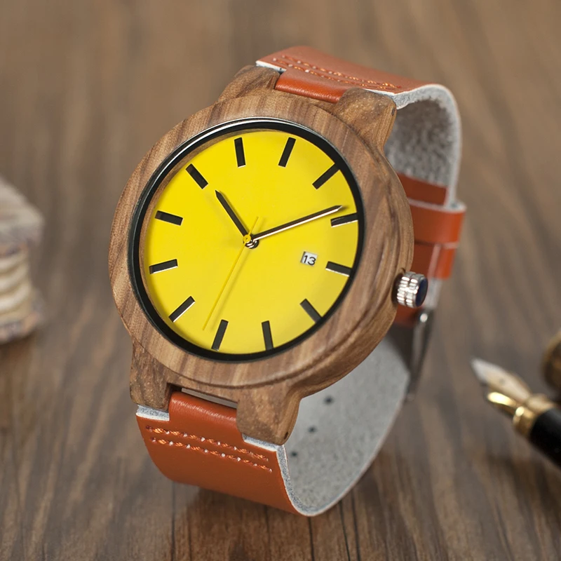 

Hot Brand BOBO BIRD Wooden Watches Men Yellow Auto Date Dial Leather Strap Wristwatch relogio masculino B-O09