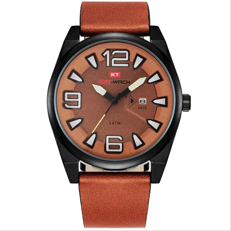 

KAT-WACH Brand Real Leather Watch Luminous Hands Business Men Wrist Watches Dial Electronic Calendar Watch KT8006