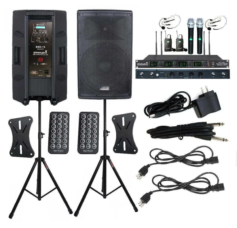 2x 15 inch dj pa speaker stage powered speaker stands 4ch uhf mic