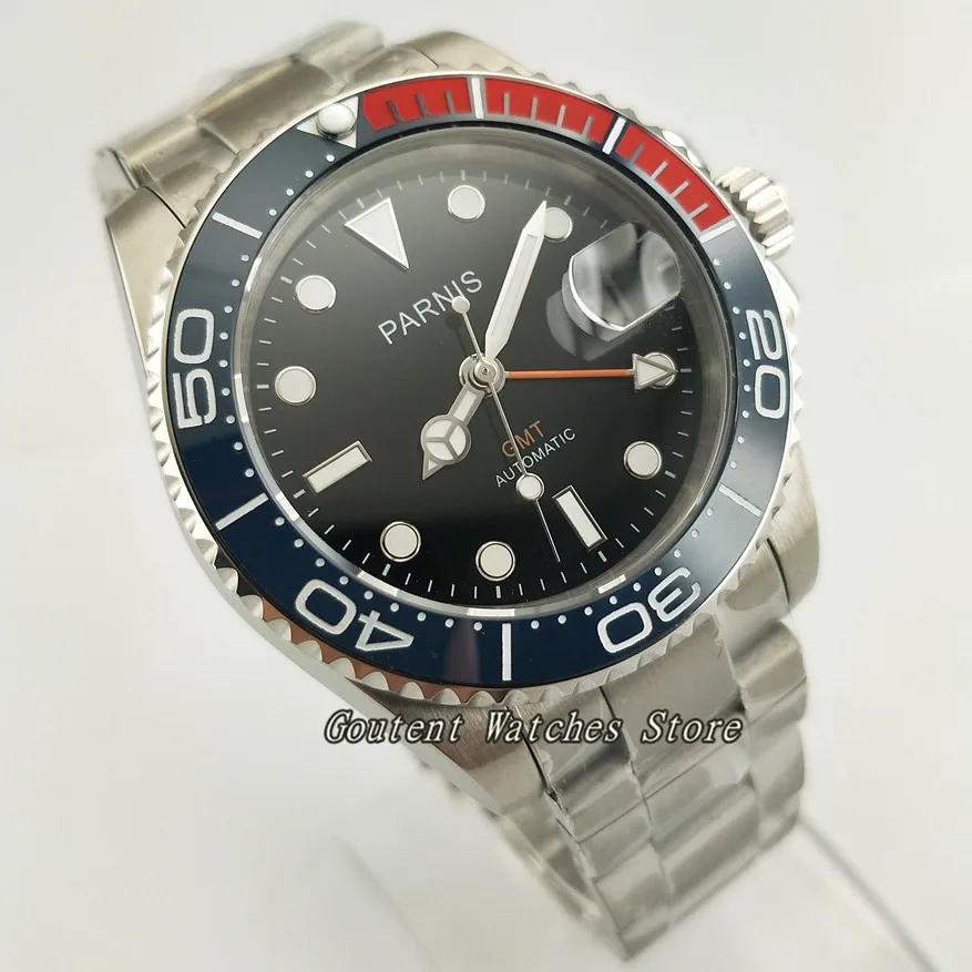 

40mm Parnis Sapphire Glass Blue&Red Ceramic Bezel Black Dial Automatic Men's Wristwatch